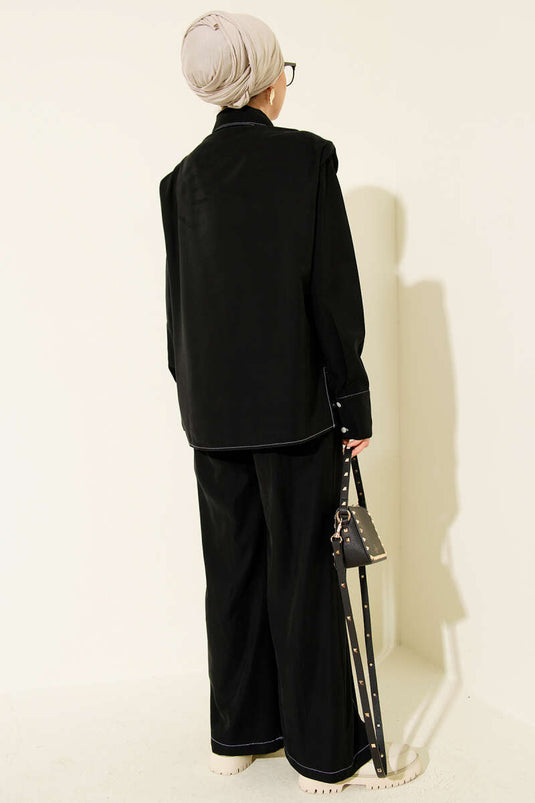 Costume deux pièces avec fausse poche et patte de boutonnage dissimulée, noir