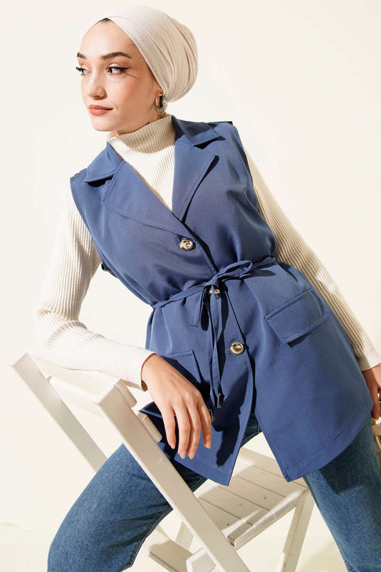 Weste mit falschen Taschen und Kordelgürtel, indigoblau