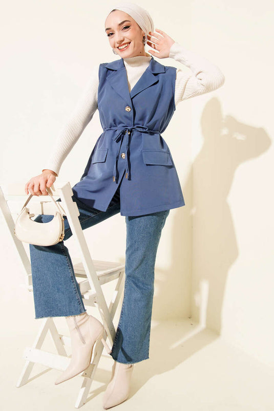 Gilet à fausses poches avec ceinture en corde Indigo