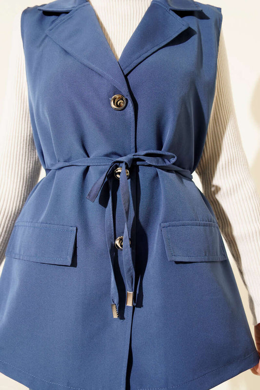 Weste mit falschen Taschen und Kordelgürtel, indigoblau