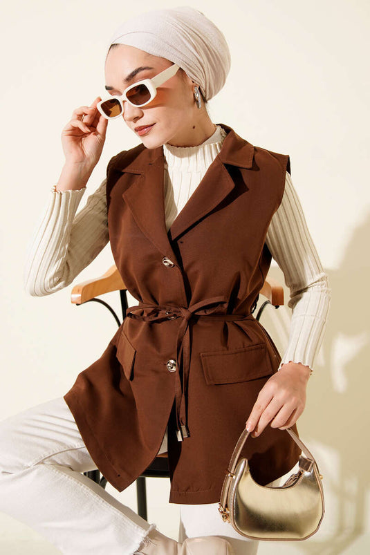 Gefälschte Taschen Weste mit Kordelgürtel Braun