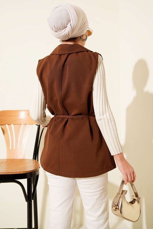 Gilet à fausses poches avec ceinture en corde Marron