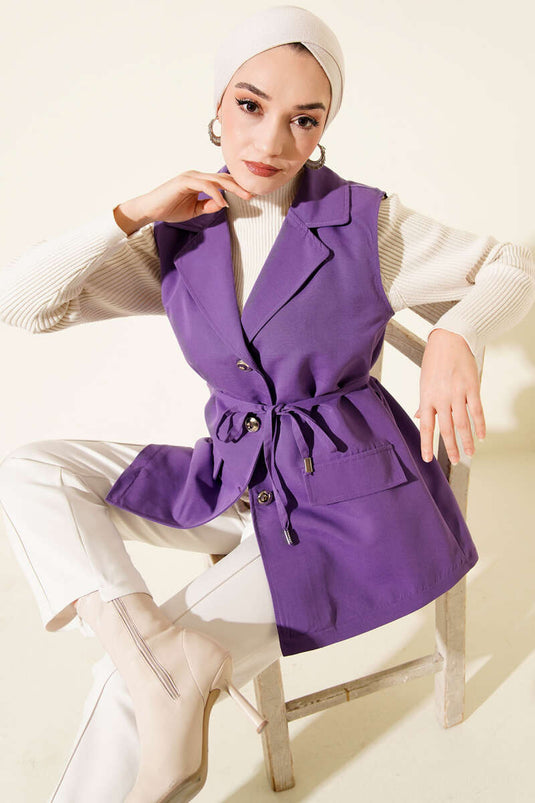 Gilet à fausses poches avec ceinture en corde lilas