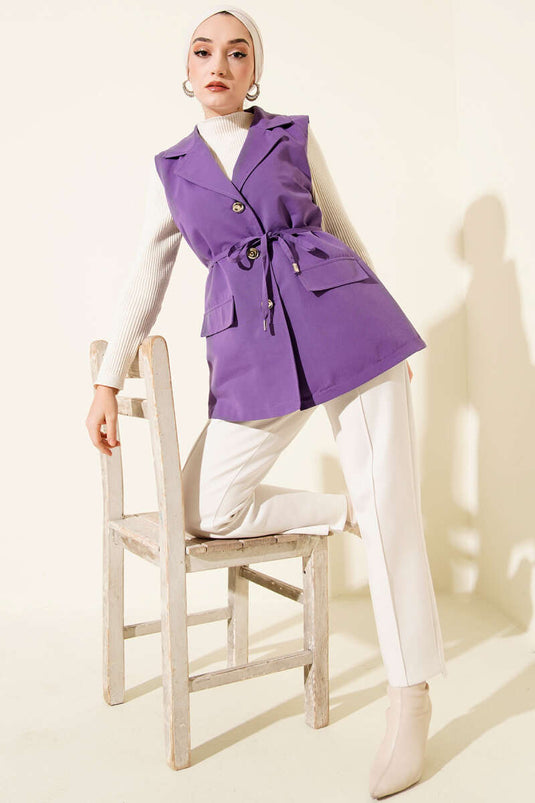 Gilet à fausses poches avec ceinture en corde lilas