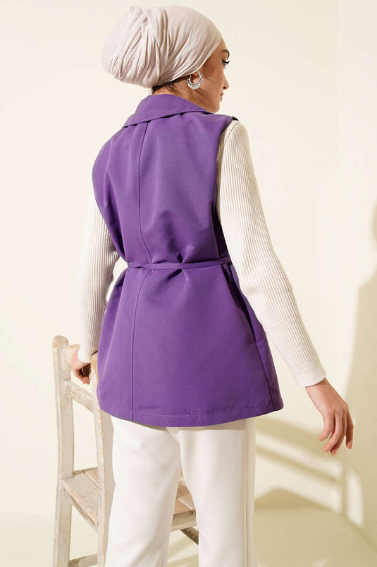 Gilet à fausses poches avec ceinture en corde lilas