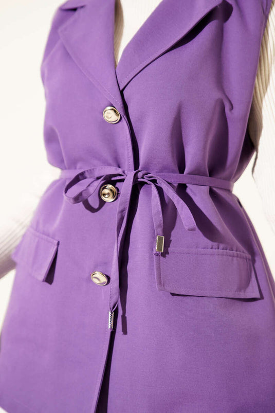 Gilet à fausses poches avec ceinture en corde lilas