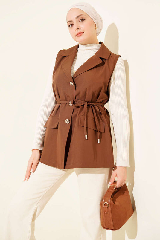 Sahte Cepli İp Kuşaklı Yelek Taba