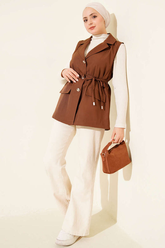 Sahte Cepli İp Kuşaklı Yelek Taba