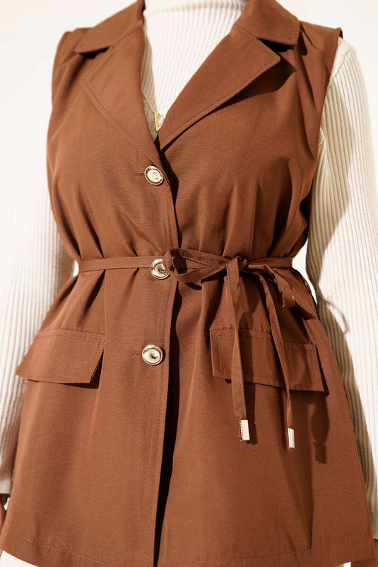 Sahte Cepli İp Kuşaklı Yelek Taba