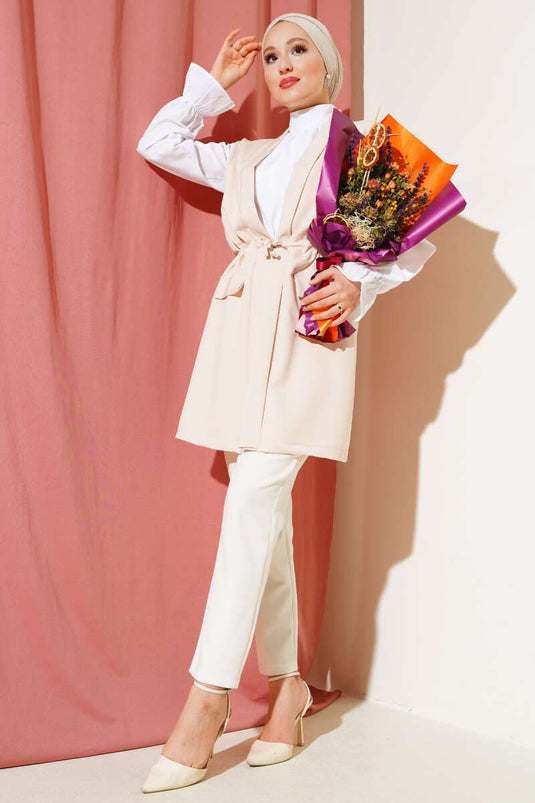 Sahte Cepli Tünelli Yelek Bej