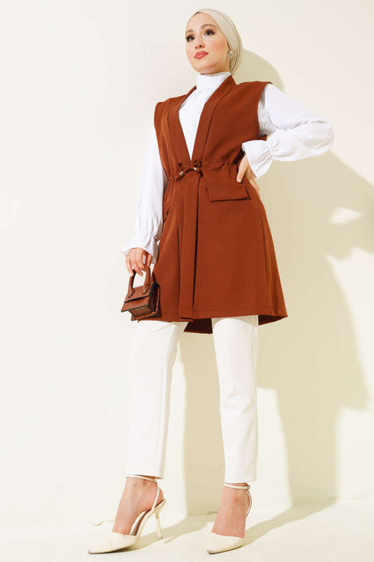 Sahte Cepli Tünelli Yelek Kahve