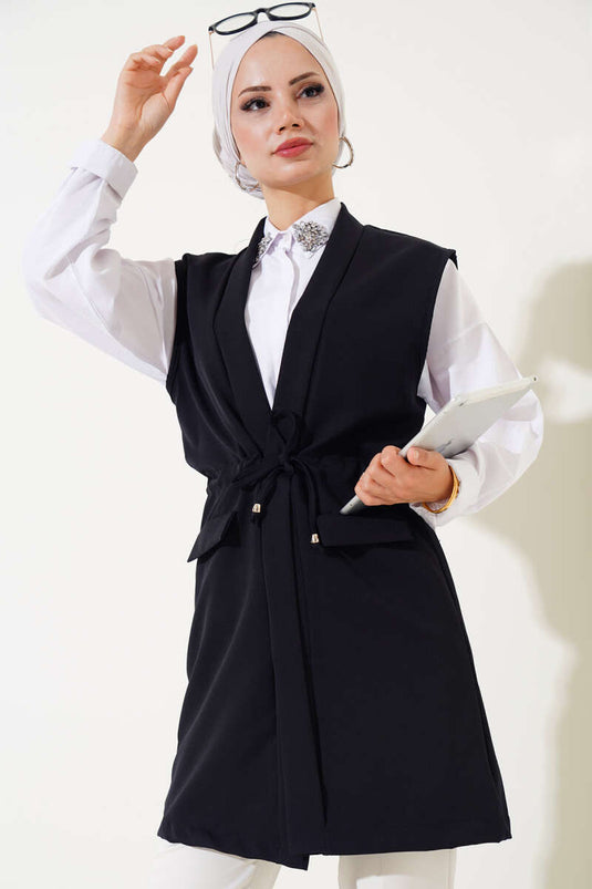 Black Vest with Fake Pockets and Tunnel Design