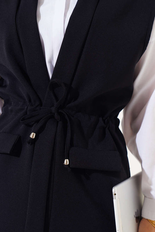 Black Vest with Fake Pockets and Tunnel Design