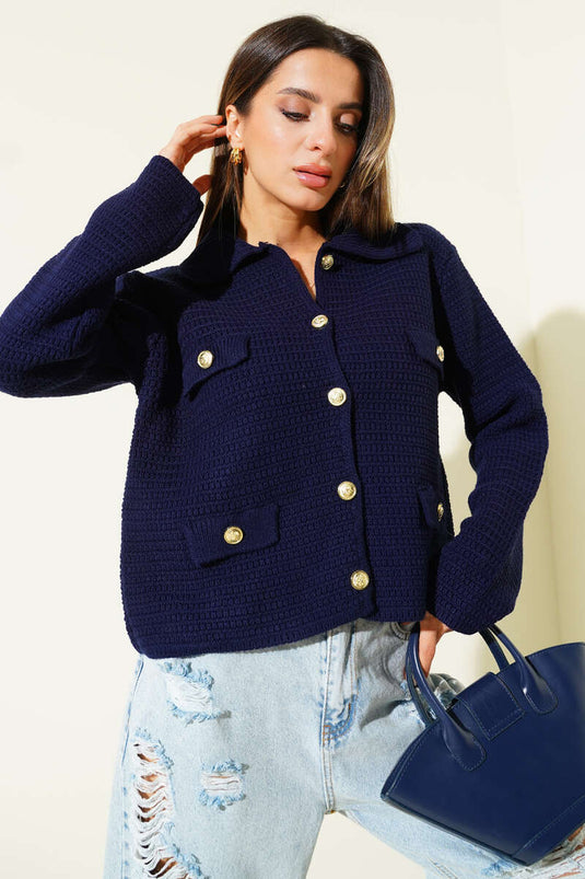 Gilet en tweed bleu marine avec fausses poches