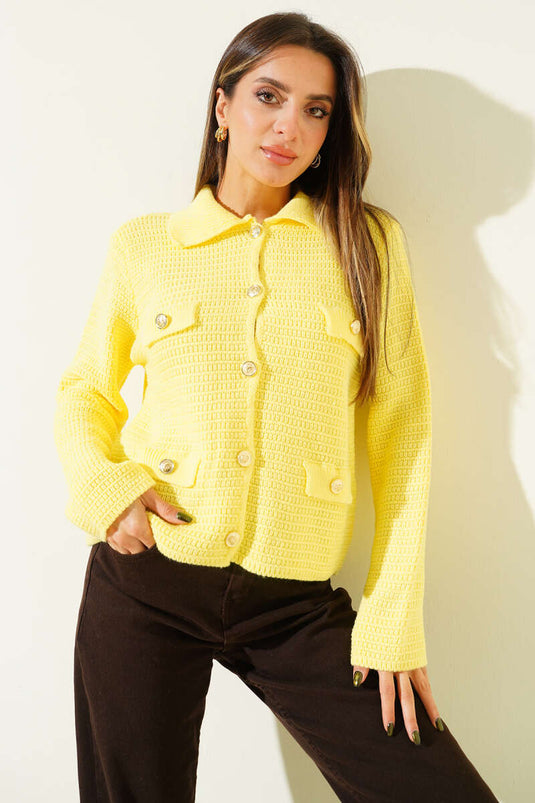 Tweed Cardigan with Faux Pockets, Yellow
