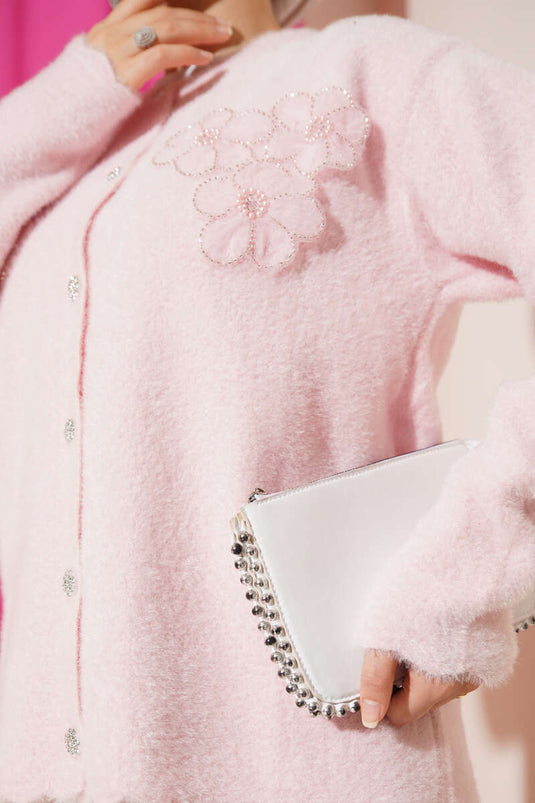Bearded Flower Motif Cardigan Pink