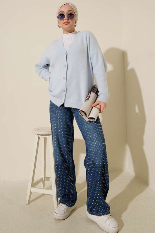 Sakallı Düğmeli Hırka Bebe Mavi