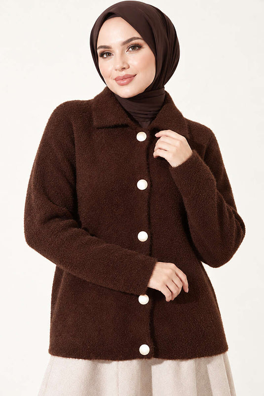 Sakallı Düğmeli Hırka Kahve