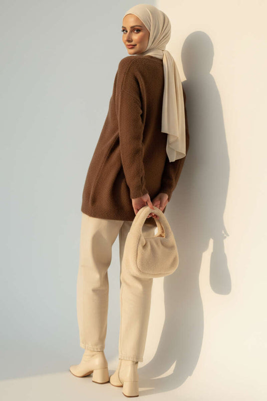 Sakallı Düğmeli Hırka Kahve