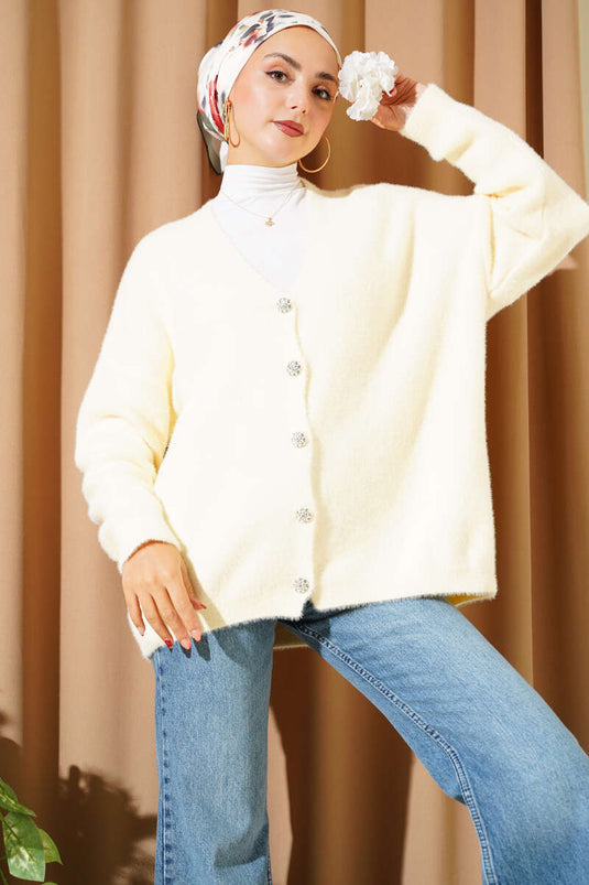 Cremefarbene Strickjacke mit Knöpfen und Bart