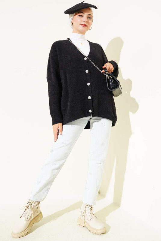 Strickjacke mit Bartknöpfen, Schwarz