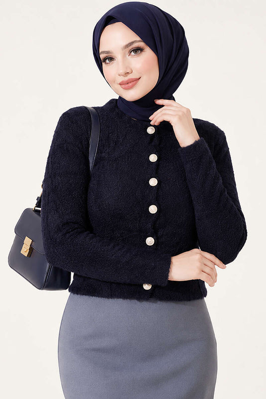 Cardigan Corto Con Bottoni Blu Navy E Tasche