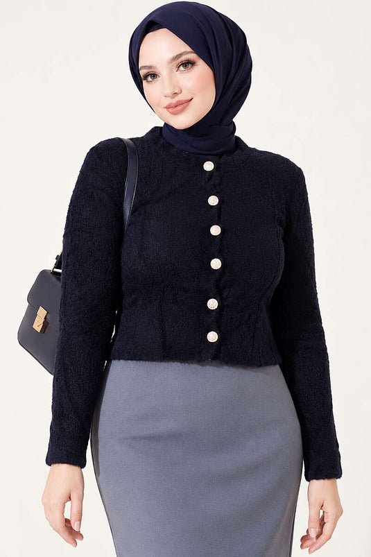 Cardigan Corto Con Bottoni Blu Navy E Tasche