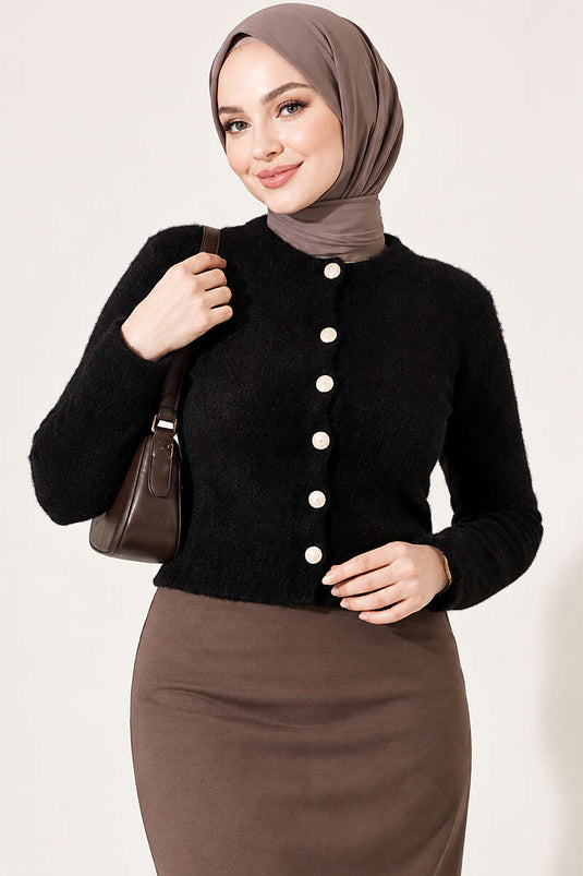 Cardigan Corto Nero Con Bottoni E Tasche