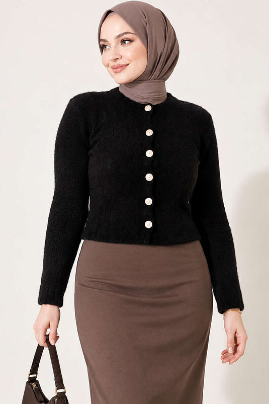 Cardigan Corto Nero Con Bottoni E Tasche