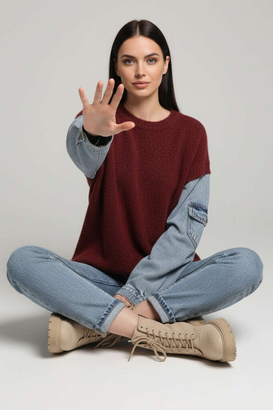 Pull en jean bordeaux à manches barbues