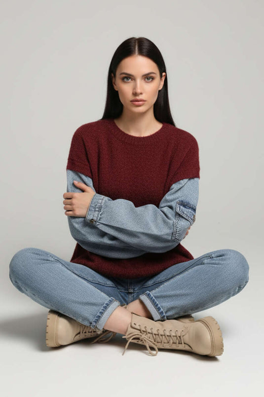 Pull en jean bordeaux à manches barbues