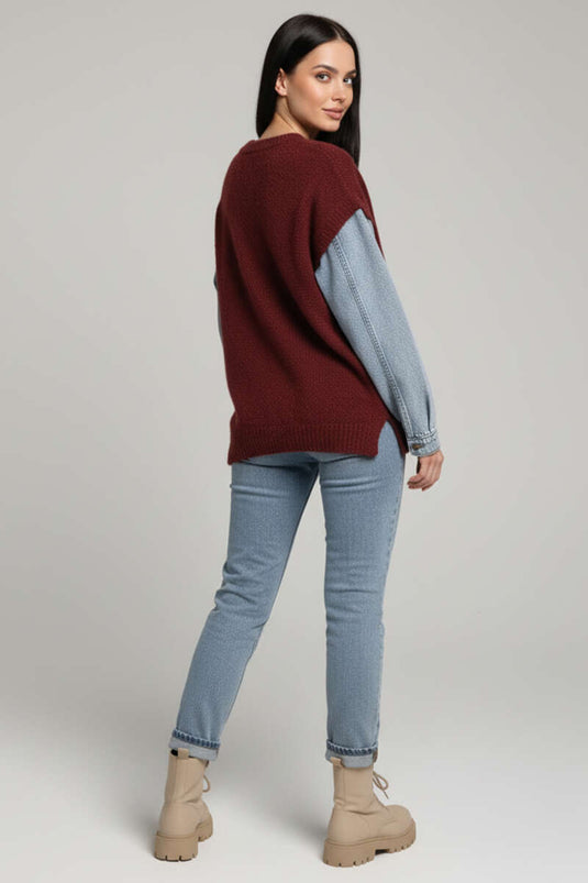 Pull en jean bordeaux à manches barbues