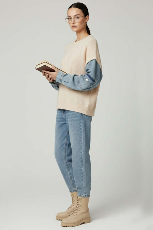 Pull en jean à manches barbelées, écru