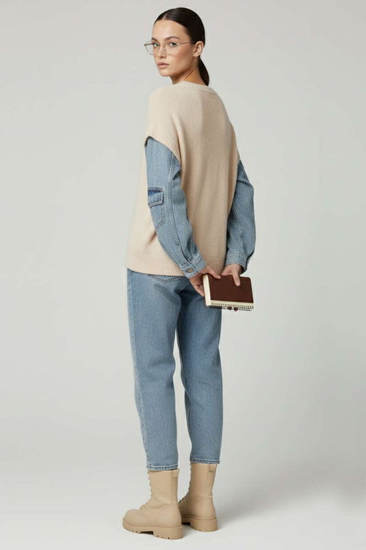 Pull en jean à manches barbelées, écru