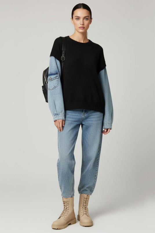 Pull en jean noir à manches barbe