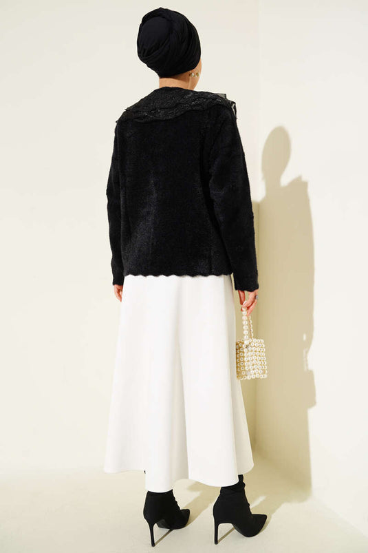 Bearded Shoulder Tulle Floral Cardigan Black