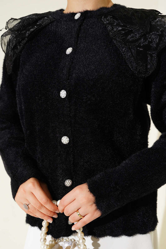 Bearded Shoulder Tulle Floral Cardigan Black