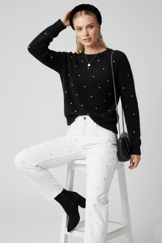 Sakallı Taş Detaylı Kazak Siyah