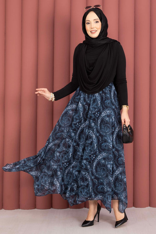 Scarf Pattern Asymmetric Cut Chiffon Skirt Navy Blue