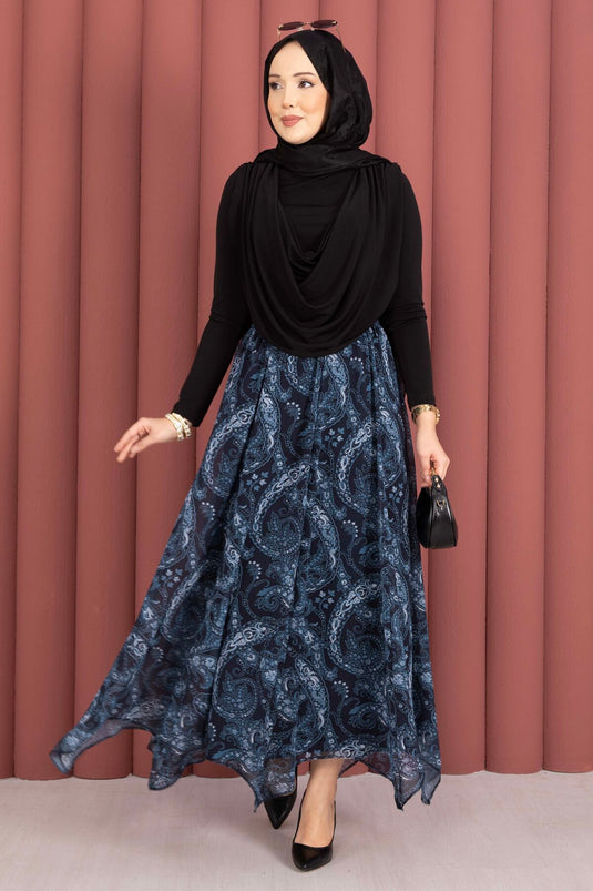 Scarf Pattern Asymmetric Cut Chiffon Skirt Navy Blue