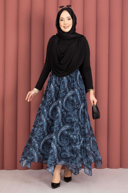 Scarf Pattern Asymmetric Cut Chiffon Skirt Navy Blue