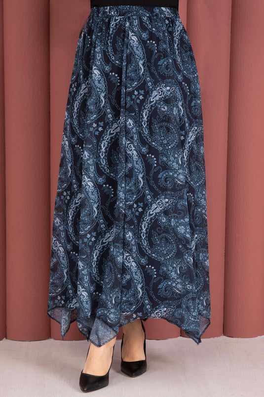 Scarf Pattern Asymmetric Cut Chiffon Skirt Navy Blue