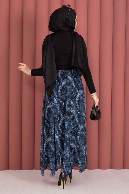 Scarf Pattern Asymmetric Cut Chiffon Skirt Navy Blue