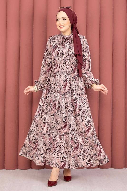 Scarf Pattern Waist Gathered Modest Dress Burgundy