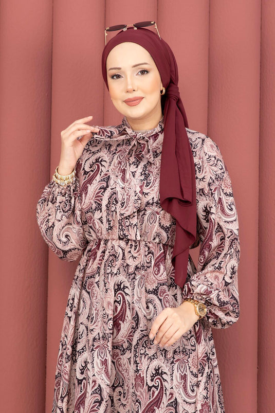 Scarf Pattern Waist Gathered Modest Dress Burgundy