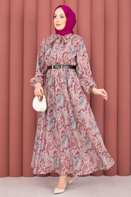 Schal-Muster Kleid mit geraffter Taille, bedeckend, fuchsia
