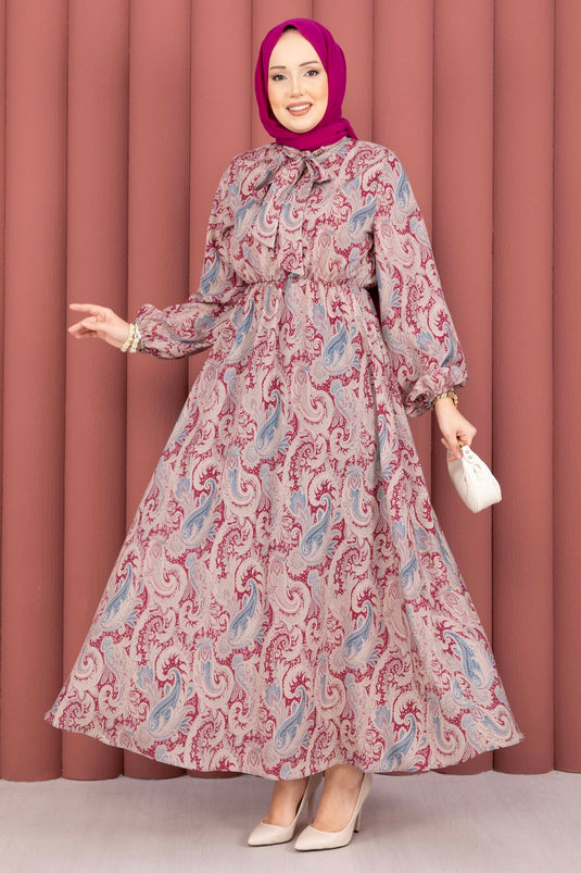 Scarf Pattern Waist Gathered Modest Dress Fuchsia