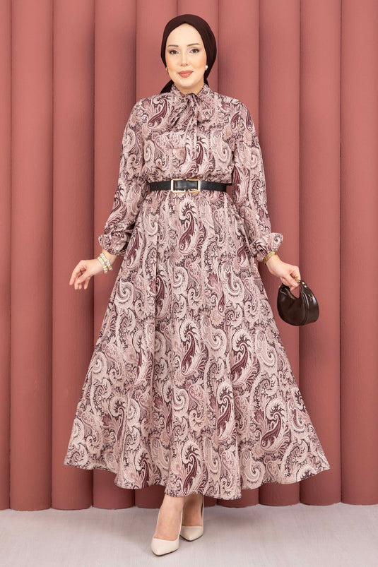 Scarf Pattern Gathered Waist Modest Dress Brown