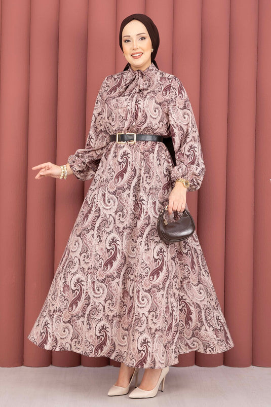 Scarf Pattern Gathered Waist Modest Dress Brown