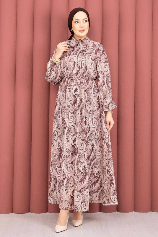 Scarf Pattern Gathered Waist Modest Dress Brown